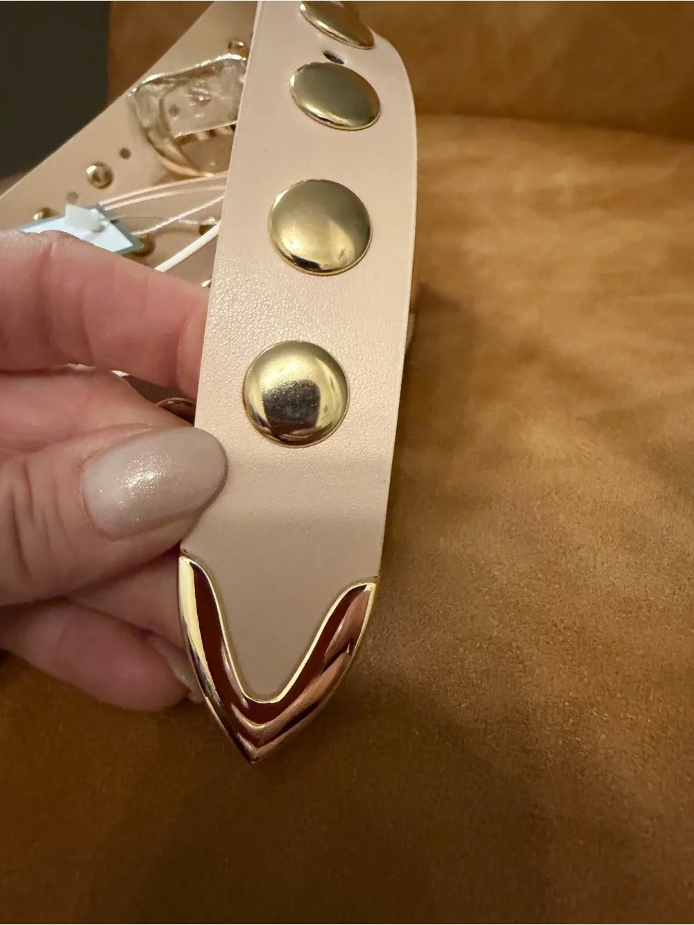 VATAN Eco Friendly Nude Studded Belt w/ Gold Hardware. Measurements in photos.
